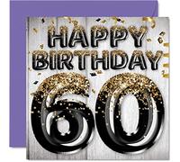60th Birthday Card for Men - Black & Gold Glitter Balloons - Happy Birthday Cards for 60 Year Old Man Dad Grandad Grandpa Gran Uncle, 145mm Bday Greeting Cards Gift