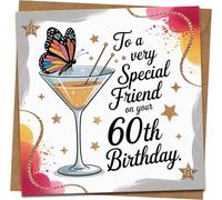 60th Birthday Card for Special Friend - Butterfly & Cocktail Design - 145mm x 145mm Square Greeting Card with Kraft Envelope