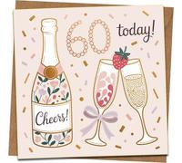 60th Birthday Card for Women or Men - Cheers Champagne and Confetti Design - 145 x 145 mm Square Greeting Card with Kraft Envelope - Milestone Sixty Today Celebration