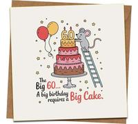 60th Birthday Card Funny - The Big 60 Big Cake Mouse Design - Square 145mm x 145mm - Blank Inside - With Kraft Envelope - For Him Her Mum Dad Friend