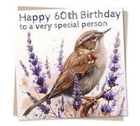 60th Birthday Card - Lavender Wren Bird Design - Happy 60th Birthday To A Very Special Person - For Woman or Man