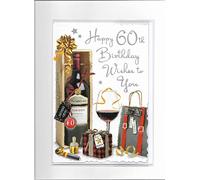 60th Birthday Card - Male - Wine Bottle, Glass and Gift Bag