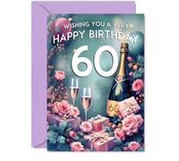 60th Birthday Card - Pink Presents Champagne Bottle - Gorgeous Pretty Beautiful Birthday Cards for 60 Year Old Woman Women, 5x7 Inch Greeting Cards Gift