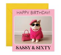60th Birthday Card - Sassy Cat - Gifts for Her, Ladies, Women, Girls, Bestie, BFF, Animal Lover - Cat with Glasses, Fabulous Pet - Sixty Years Old - Comes with Stickers