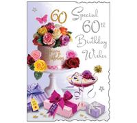 60th Birthday Card with Coloured Insert - Age 60 Floral Cake with Cocktail and Silver Foil 9"x6.25"