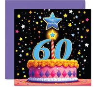 60th Birthday Cards for Men Women - Pink Cake & Stars - Happy Birthday Card for 60 Year Old Man Woman Friend Dad Auntie Neighbour, 145mm Bday Greeting Cards