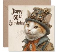 60th Birthday Cards for Women Men - Steam Punk Cat - Happy Birthday Card for 60 Year Old Woman Man Cousin Dad Grandad Wife, 145mm Bday Greeting Cards