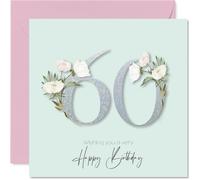 60th Birthday Cards for Women - Fancy Floral Flowers - Happy Birthday Card for 60 Year Old Woman Nan Nanny Neighbour Cousin, 145mm Bday Greeting Cards