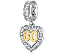 60th Birthday Charms fit Pandora Mothers Day Bracelet, 18K Gold Number 60 Charm, 925 Sterling Silver 60th Wedding Anniversary Heart Pendant CZ Beads, Gifts for Grandma/Nana/Xmas