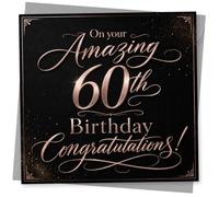 60th Birthday Congratulations Card for Her or Him, Elegant Black and Rose Gold Typography Greeting Card for 60th Birthday