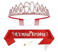 60th Birthday Crown and Sash for Women Crystal Queen Tiara Princess Crown Red Birthday Sash 60th Birthday Crown Woman Birthday Sash Women Birthday Decoration Birthday Gift, MIX, Mix