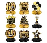 60th Birthday Decoration 9 Pcs Black and Gold 60th Birthday Decorations for Men Table Decorations Honeycomb Centerpieces Birthday Party Decor Supplies 1965 Vintage Party Table Toppers for Men Women