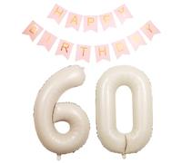 60th Birthday Decorations 40'' Giant Cream Number 60 Balloons & Pink Happy Birthday Banner, Bunting Banner Number 60 Foil Balloons for Women Birthday Party, Foil Number Balloons 60 Sand White Large