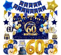 60th Birthday Decorations Balloons Banner - 33 Pcs Blue Gold Banners Foil Balloons Number 60 Star Backdrop Hanging Swirls Cake Topper for Men Women Cheers to 60 Party Decor Supplies