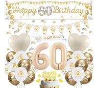 60th Birthday Decorations Balloons Women - Sand White Gold Decoration Yard Banner Set with Pennant Bunting, Happy Birthday Cake Topper and Sash for 60 Years Old Party Supplies