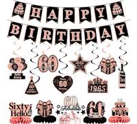 60th Birthday Decorations Banner Women - 21 Pcs Rose Gold Happy Birthday Banners, Hanging Swirls, Cupcakes, Honeycombs Table Decoration for Women 60 Years Old Personalised Decor Supplies