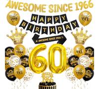 60th Birthday Decorations Black Gold - Awesome Since 1966 Banner Set with Cake Topper and Sash, Happy Birthday Banners, Number Foil Balloons, Latex Balloons for 60 Years Old Party Supplies