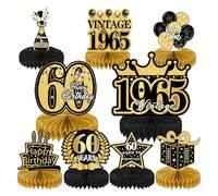 60th Birthday Decorations, Black & Gold Birthday Table Decorations, 9pcs Cheers to 60 Birthday Party Decor Supplies, Vintage 1965 Honeycomb Centerpieces Happy 60th Bday for Men Women, Cake Toppers