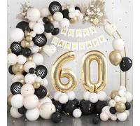 60th Birthday Decorations Black Gold Sand White - Balloon Arch Garland Kit With Champagne Gold Number 60 Foil Balloons, Happy Birthday Banner for Women Men Party Decoration