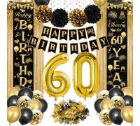 60th Birthday Decorations for Men and Women, Black Gold 60th Birthday Balloons, Number Foil 60 Balloon, 60th Happy Birthday Banners, Happy Birthday Garland Balloons Black Gold Decor for Women Men