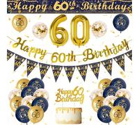 60th Birthday Decorations for Men, Blue Gold 60 Birthday Decorations,Happy 60th Birthday Banner,60th Balloons,270 * 15cm Cuttable Banner,Foil Balloons,Cake Topper 60 Birthday Party Supplies for Men
