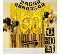 60th Birthday Decorations for Men Women, 50pcs Black and Gold Party Decorations with 60 Year Old Balloons Boxes, Happy Birthday Black Gold Banner and Sash, Fringe Curtains Party Decor