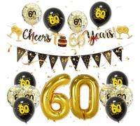 60th Birthday Decorations for Men & Women - Black and Gold Party Set with Cheers to 60 Years Banner, Foil Number Balloons, Confetti & Bunting for Elegant Celebration Décor