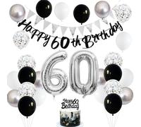 60th Birthday Decorations for Men Women, Black Silver White Balloons, Black 60th Banner Cake Topper Number 60 Foil Balloon for 60 Year Old Birthday Party Decoration