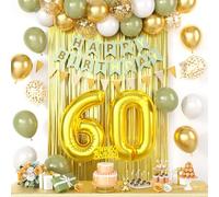 60th Birthday Decorations for Men Women, sage green Happy Birthday Party Decorations With Gold Number 60 Balloons Gold Confetti Latex balloons Fringe Curtain Cake Topper For 60th Party Supplies