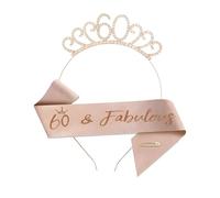 60th Birthday Decorations for Women, 2-piece set rose Gold Crystal Tiara and Sash Set, Elegant 60th Birthday Party Accessories,Headband for Women's 60th Birthday Party Decor