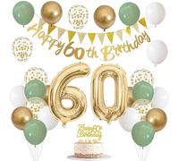 60th Birthday Decorations for Women, 60 Balloons Banner Cake Topper Number 30 Foil Balloon, Sage Green White Gold Balloons for 60 Year Old Birthday Party Decoration