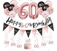 60th Birthday Decorations for Women - Black Rose Gold 60th Birthday Banners, Balloons, Bunting, Hanging Swirls Streamers and Cake Toppers for Girl Women Adults Happy Party Decoration