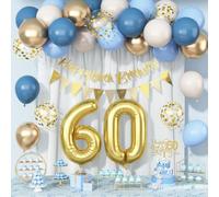 60th Birthday Decorations for Women Men, Dusty Blue Cream White Gold 60 Balloons Happy 60th Birthday Bunting Banner & Cake Topper Number 60 Foil Balloon for Him Her Sixty Year Old Birthday Party Decor