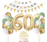 60th Birthday Decorations for Women Men, Sage Green White Gold oons Pack, Foil Number 60 oon with Cake Topper , oons and Banners for 60th Birthday Party Decorations