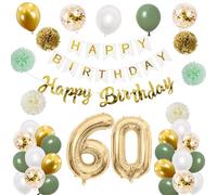 60th Birthday Decorations for Women - Sage Green, White, Gold Balloons With Happy Banner, Number 60 Foil Balloon, Pompoms for 60 Year Old Party Decoration