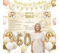 60th Birthday Decorations for Women - White and Gold Balloons,60th Happy Birthday Banner, Triangle Flag Banner, Number 60 Balloons, Back Drop