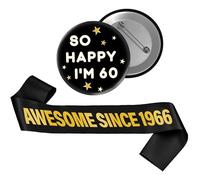 60th Birthday Decorations Gift Men - 2 Pcs Black Gold 1966 Set | Black Gold Awesome Since 1966 Sash So Happy Im 60 Today Badge for Men Women 60 Year Old Birthday Party Accessories