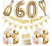 60th Birthday Decorations, Happy 60th Birthday Banner, 40 inches 60 Foil Balloons, Champagne Golden Bottle and Glass, Gold, Pink, White and Confetti Balloons, 60th Party Decorations for Women