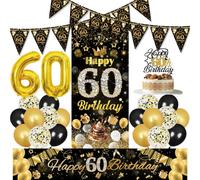 60th Birthday Decorations Men Banners - 24 Pcs Black Gold Happy 60 Birthday Banner Background Curtain Number Foil Balloons Pennant Cake Topper for 60 Years Old Women Party Decoration Supplies