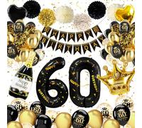 60th Birthday Decorations men, Black Gold 60 th Birthday Balloons, 60th birthday Banner, Number 60 Balloons, Black Gold 60 th Decorations for Men Women