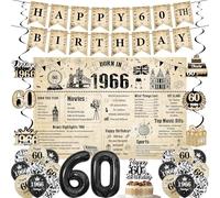 60th Birthday Decorations Men Women - 30 Pcs Born In 1966 UK Vintage Happy 60 Years Old Birthday Backdrop, Banner, Number 60 Balloons and Hanging Swirls for 60th Party Supplies