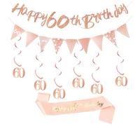 60th Birthday Decorations, Rose Gold For Her 60 th Birthday Banner with Glitter Sash Belt, Triangle Bunting Hanging Swirls Spiral Decorations, Party Supplies for Women (60th)