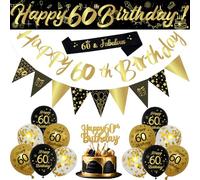 60th Birthday Decorations Set, 18Pcs Black Gold Balloons Kit with Sash, Banners, Triangle Flags, Cake Topper, Black Gold and Sequin Balloons for Men and Women 60th Birthday Party Decorations Supplies