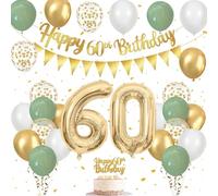 60th Birthday Decorations Set, 60Birthday Balloons with Sage Green, White and Gold Balloons, Happy Birthday Banner and Cake Topper, 60 Balloon, for 60 Years Old Party Decorations for Men Women