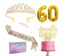 60th Birthday Decorations Set - Gold 60th Birthday Sash and Tiara Party Crown, Cake Topper and Candles, Number 60 Foil Balloons, Party Supplies, 60th Year Old Gifts for Her Women