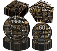 60th Birthday Decorations Tableware, 72 Pcs 1966 Birthday Decorations for Men Women Birthday Party Plates and Napkins Black and Gold Paper Plates Set for Women Men 60 Year Old Party Supplies