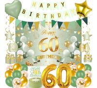 60th Birthday Decorations Women Men - 32 Pcs Sage Green Gold Banner Pennant Backdrop Hanging Swirls Number Balloons Cake Topper Table Decor For Her Him Cheers To 60 Year Old Party Supplies