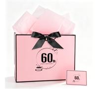60th Birthday Gift Bag with Card & Tissue Paper 12.6Inch Elegant Pink for Women/Girls Medium Gift Bags for Birthdays Party, Anniversary, Present Decorations