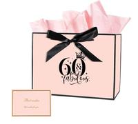 60th Birthday Gift Bag with Tissue Paper and Card, 60th Birthday Party Gifts Bag for Women and Men, Medium Gift Bags for Birthdays Party, Anniversary, Presents (Pink)