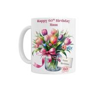 60th Birthday Gift for Her - Happy 60th Birthday Age 60 Mug, White Ceramic Coffee Mug with Tulips Floral Design